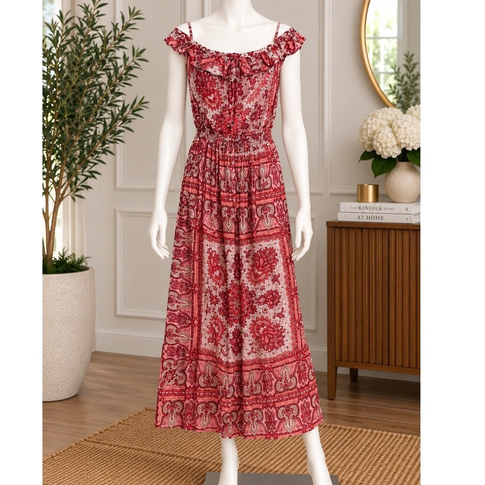 Voyage Mediterranee Womens Dress Capri Pink Paisley Off Shoulder Smocked XS